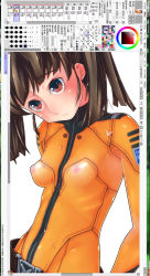 Rule 34 | 10s, 1girl, art program in frame, belt, blush, bodypaint, bodysuit, breasts, brown eyes, brown hair, female focus, medium hair, misaki yuria, naked paint, nipples, nude, paint tool sai, painted clothes, painttool sai, raplus, small breasts, solo, twintails, uchuu senkan yamato, uchuu senkan yamato 2199, unfinished, uniform, upper body