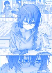 Rule 34 | 1girl, bed, beer can, blue theme, blush, breasts, can, cleavage, comic, commentary, commentary request, drink can, flying sweatdrops, getsuyoubi no tawawa, glasses, himura kiseki, hood, hooded sweater, hoodie, indoors, kakyou-san (tawawa), large breasts, looking at viewer, looking away, monochrome, pov, short hair, silent comic, solo focus, sweat, sweater
