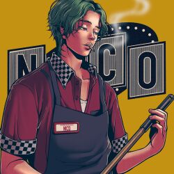 Rule 34 | 1boy, apron, black apron, character name, checkered clothes, checkered shirt, cigarette, collared shirt, commentary request, employee uniform, green hair, highres, id card, indie utaite, long bangs, male focus, minori (navymustard), official art, open mouth, parted bangs, red shirt, ryuen nico, shirt, short hair, short sleeves, smoking, solo, uniform, upper body, yellow background