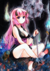 Rule 34 | 1girl, bad id, bad pixiv id, barefoot, breasts, chain, cleavage, cuffs, demon girl, fingernails, geroro, horns, long fingernails, long hair, mace, nail polish, oni, original, painting (medium), pink hair, pointy ears, purple eyes, red nails, sitting, solo, traditional media, watercolor (medium), weapon