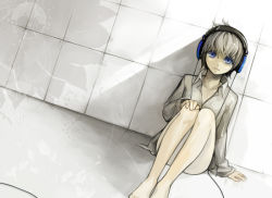 Rule 34 | androgynous, bad id, bad pixiv id, barefoot, blue eyes, bottomless, gender request, headphones, jan (12885), original, short hair, silver hair, sitting, solo