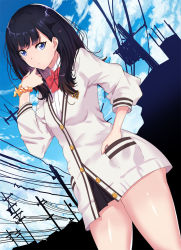 Rule 34 | 10s, 1girl, black hair, black skirt, blue eyes, blue sky, bow, breasts, buttons, closed mouth, day, gridman universe, hand in pocket, highres, hip focus, long hair, long sleeves, looking at viewer, microskirt, pleated skirt, power lines, red neckwear, school uniform, scrunchie, skirt, sky, small breasts, solo, ssss.gridman, sweater, swept bangs, takarada rikka, thighs, white sweater, wrist scrunchie, yuu (asaiyuji)