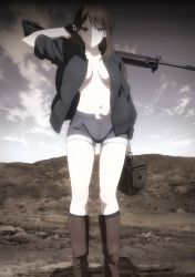 Rule 34 | 1girl, ammunition box, battle rifle, boots, breasts, brown hair, fal (upotte!!), fingerless gloves, fn fal, gloves, gun, highres, jacket, large breasts, long hair, looking at viewer, midriff, navel, no bra, open clothes, open jacket, rifle, screencap, shorts, sideboob, smile, solo, upotte!!, weapon