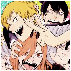 Rule 34 | 1girl, 2boys, annoyed, black hair, black jacket, blonde hair, chainsaw man, collared shirt, cross-shaped pupils, denji (chainsaw man), earrings, gao, hayakawa aki, highres, jacket, jewelry, long hair, looking at another, looking at viewer, multicolored background, multiple boys, open mouth, orange eyes, orange hair, polka dot, polka dot background, power (chainsaw man), pushing, sharp teeth, shirt, short hair, sideways glance, stud earrings, symbol-shaped pupils, teeth, ten ten 10 10, tongue, tongue out, topknot, v, white shirt