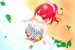 Rule 34 | 1girl, bare shoulders, cul, dress, from above, hair ornament, leaf, long hair, matsuoka mai, myme, ponytail, red eyes, sandals, solo, vocaloid, wading, water