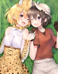 Rule 34 | 10s, 2girls, animal ears, black gloves, black hair, blonde hair, bow, bowtie, bucket hat, commentary request, cross-laced clothes, elbow gloves, gloves, hair between eyes, hat, hat feather, high-waist skirt, highres, japari symbol, kaban (kemono friends), kemono friends, lying, maria (maria0304), multiple girls, on back, one eye closed, open mouth, red shirt, serval (kemono friends), serval print, serval tail, shirt, short hair, shorts, skirt, sleeveless, sleeveless shirt, smile, striped tail, tail, wavy hair