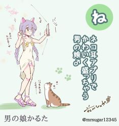 Rule 34 | 1boy, animal ears, bow, braid, bulge, cat, cat ears, cellphone, clothes lift, commentary request, crossdressing, dress, dress lift, erection, erection under clothes, flower, highres, koushisong, long twintails, male focus, mars symbol, original, panties, paw pose, paw print, penis in panties, phone, purple hair, sandals, selfie, smartphone, solo, sparkle, standing, strap slip, striped clothes, striped panties, translation request, trap, twin braids, twitter username, underwear, whiskers