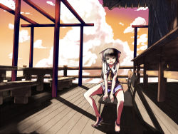 Rule 34 | 1girl, adapted costume, alternate eye color, ascot, bench, bow, brown hair, building, casual, cloud, evening, fang, fangs, hair bow, hair tie, hakurei reimu, long hair, long legs, looking at viewer, mikanbako (rakkyasato), open mouth, outdoors, red footwear, shoes, shorts, sitting, sleeveless, solo, sunset, table, touhou, wooden table, yellow eyes
