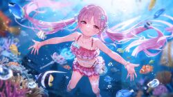 Rule 34 | 1girl, air bubble, bikini, breasts, bubble, clownfish, collarbone, fish, frilled bikini, frills, heaven burns red, highres, kunimi tama, light rays, long hair, looking at viewer, navel, non-web source, official art, pink hair, small breasts, solo, sunbeam, sunlight, swimsuit, thigh strap, tropical fish, twintails, underwater