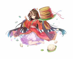 Rule 34 | 1girl, bamboo steamer, baozi, barefoot, bow, breasts, brown hair, character request, food, grey background, hands up, horns, japanese clothes, kai-ri-sei million arthur, kimono, long hair, long sleeves, looking at viewer, medium breasts, million arthur (series), mitu yang, obi, official art, parted lips, pink skirt, pleated skirt, red bow, red kimono, red ribbon, ribbon, sash, simple background, skirt, solo, very long hair, wide sleeves