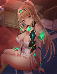 Rule 34 | 1girl, alternate hairstyle, bare shoulders, bed, bed sheet, blonde hair, blush, breasts, chest jewel, cleavage, cleavage cutout, clothing cutout, dress, earrings, elbow gloves, gem, gloves, hair ornament, hair tie, headpiece, high ponytail, highres, jewelry, lamp, large breasts, long hair, looking at viewer, mythra (xenoblade), nintendo, noeomi, on bed, open mouth, pillow, ponytail, short dress, sitting, solo, swept bangs, thigh strap, thighs, tiara, very long hair, white dress, xenoblade chronicles (series), xenoblade chronicles 2, yellow eyes