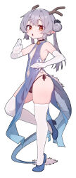 Rule 34 | 1boy, absurdres, bare shoulders, bell, black choker, black panties, blue dress, blue footwear, bulge, china dress, chinese clothes, choker, clothing cutout, covered erect nipples, dragon tail, dress, elbow gloves, full body, gloves, grey hair, hair bun, highres, horns, ikr (artist), jingle bell, leg up, long hair, looking at viewer, male focus, navel, navel cutout, neck bell, panties, pelvic curtain, pointy ears, shoes, simple background, sleeveless, sleeveless dress, solo, standing, standing on one leg, tail, thighhighs, tongkkangi, tongkkangi (streamer), trap, twintails, underwear, virtual youtuber, white background, white gloves, white thighhighs, yellow eyes