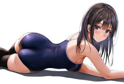 Rule 34 | 1girl, ass, black hair, black thighhighs, blue one-piece swimsuit, breasts, commentary request, competition school swimsuit, feet out of frame, from behind, long hair, looking at viewer, looking back, lying, medium breasts, on side, one-piece swimsuit, original, purple eyes, school swimsuit, shadow, simple background, solo, swimsuit, thighhighs, white background, yukemuriganmo