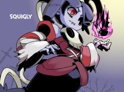 Rule 34 | 1girl, 770mk, black dress, blue hair, blue skin, branch, character name, colored skin, corset, dress, fire, hair over one eye, leviathan (skullgirls), one-eyed, red eyes, skeletal arm, skull, skullgirls, squigly (skullgirls), stitched mouth, stitches, striped, striped sleeves, tree, zombie