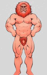 Rule 34 | 1boy, abs, absurdres, bara, beard, completely nude, dc comics, facial hair, feet out of frame, flaccid, foreskin, forever people, forked eyebrows, full beard, hands on own hips, highres, large pectorals, lion mane, looking at viewer, male focus, male pubic hair, mature male, muscular, muscular male, navel, nipples, nude, pectorals, pubic hair, smagma, smile, solo, standing, stomach, tachi-e, thick beard, thick eyebrows, thick thighs, thighs, thighs together, uncensored, wrinkled skin