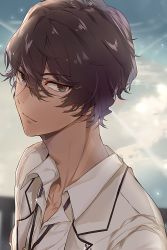 Rule 34 | 1boy, arjuna (fate), blue sky, blurry, blurry background, brown eyes, brown hair, closed mouth, collared shirt, commentary request, dark-skinned male, dark skin, day, depth of field, fate/grand order, fate (series), glasses, hair between eyes, highres, male focus, nana kagura, shirt, sky, slit pupils, smile, solo, white shirt, wing collar