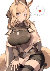 Rule 34 | 1girl, 360 (taiyo360), absurdres, animal ear fluff, animal ears, arknights, belt, black shorts, black thighhighs, blue eyes, blush, breasts, closed mouth, hand on own thigh, heart, highres, horse ears, horse girl, horse tail, impossible clothes, large breasts, long sleeves, seiza, short shorts, shorts, simple background, sitting, solo, speech bubble, spoken heart, swept bangs, tail, thick eyebrows, thighhighs, underbust, whislash (arknights), white background