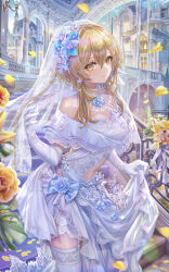 Rule 34 | 1girl, absurdres, alternate costume, beads, blonde hair, blue flower, breasts, bridal veil, closed mouth, clothing cutout, dress, elbow gloves, falling petals, flower, garter straps, genshin impact, gloves, hair flower, hair ornament, halterneck, highres, long dress, looking at viewer, lumine (genshin impact), medium breasts, navel, navel cutout, off-shoulder dress, off shoulder, petals, revision, rose, rose petals, short hair with long locks, sidelocks, skindentation, solo, stairs, thighhighs, torino aqua, veil, water, waterfall, wedding dress, white dress, white flower, white gloves, white rose, white thighhighs, yellow eyes, yellow flower, yellow rose