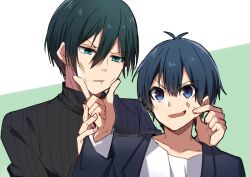 Rule 34 | 2boys, anger vein, antenna hair, black hair, black jacket, black sweater, blue eyes, blue lock, cheek pull, clenched teeth, collarbone, green background, green eyes, green hair, hair between eyes, isagi yoichi, itoshiki rin, jacket, long sleeves, male focus, multiple boys, omuretsu, open clothes, open jacket, ribbed sweater, sweater, teeth, two-tone background, v-shaped eyebrows, white background