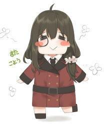 Rule 34 | 1girl, :&gt;, = =, ahoge, bababababan, blush stickers, brown hair, coat, girls&#039; frontline, griffin &amp; kryuger military uniform, helianthus (girls&#039; frontline), long hair, necktie, simple background, solo, standing, standing on one leg, uniform, white background