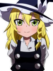 Rule 34 | 1girl, akeome, blonde hair, bow, braid, female focus, green eyes, hair between eyes, hair bow, happy new year, hat, hat bow, jeno, kirisame marisa, long sleeves, looking at viewer, new year, simple background, single braid, smile, solo, touhou, upper body, white background, witch, witch hat