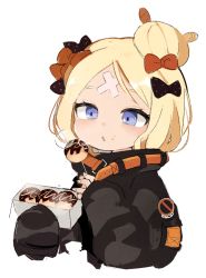 Rule 34 | abigail williams (fate), abigail williams (traveling outfit) (fate), bad id, bad pixiv id, bandaid, bandaid on face, bandaid on forehead, black bow, black jacket, blonde hair, blowing, blowing on food, blue eyes, blush, bow, commentary, crossed bandaids, fate/grand order, fate (series), food, food on face, hair bow, hair bun, heroic spirit traveling outfit, jacket, long sleeves, multiple hair bows, no symbol, official alternate costume, open mouth, orange bow, polka dot, polka dot bow, seu 9 (banya), short hair, simple background, single hair bun, skewer, sleeves past wrists, solo, takoyaki, upper body, white background