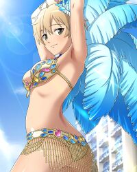 Rule 34 | 1girl, armpits, ass, blonde hair, blush, brave witches, breasts, brown eyes, closed mouth, feathers, large breasts, looking at viewer, official art, outdoors, samba, short hair, smile, solo, waltrud krupinski, world witches series