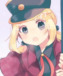 Rule 34 | 1925 (vocaloid), 1girl, aoi choko (aoichoco), blonde hair, blue eyes, coat, hair ornament, hairclip, hat, highres, kagamine rin, necktie, open mouth, project diva (series), short hair, simple background, solo, sparkling eyes, vocaloid