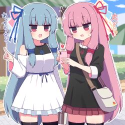 2girls :d ? ?? bag bare_shoulders black_dress black_thighhighs blue_hair blue_ribbon blunt_bangs blush cellphone clothing_cutout cowboy_shot dated_commentary dress hair_ribbon hibino_000 highres holding holding_bag holding_phone kotonoha_akane kotonoha_aoi long_hair long_sleeves miniskirt multiple_girls open_mouth outdoors outline phone pink_hair pleated_skirt pointing red_eyes red_ribbon red_skirt ribbon shoulder_bag shoulder_cutout sidelocks skirt smartphone smile sweatdrop thighhighs translated voiceroid white_bag white_dress white_outline wide_sleeves