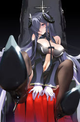 Rule 34 | 1girl, august von parseval (azur lane), azitama atsushi (attyuu), azur lane, bare shoulders, between breasts, black pantyhose, blurry, blurry foreground, breasts, cleavage, dress, feet up, gloves, hair over one eye, high heels, horns, legs up, long hair, multicolored hair, navel, open mouth, pantyhose, signature, sitting, solo, spread legs, strapless, strapless dress, streaked hair, thighhighs, white gloves