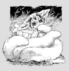Rule 34 | 1girl, animal ears, border, bright pupils, covered mouth, dated, faputa, from side, greyscale, hand to own mouth, head tilt, highres, long hair, looking at viewer, looking to the side, made in abyss, monochrome, multiple tails, outside border, sitting, solo, tail, tsukushinu (yukiji61)