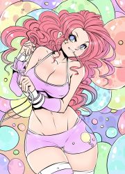 Rule 34 | 1girl, balloon, bike shorts, blue eyes, breasts, cleavage, crop top, covered erect nipples, highres, large breasts, long hair, maniacpaint, midriff, mouth hold, my little pony, my little pony: friendship is magic, navel, personification, pink hair, pinkie pie, short shorts, shorts, solo, spaghetti strap, star (symbol), thigh strap, thighhighs, wide hips