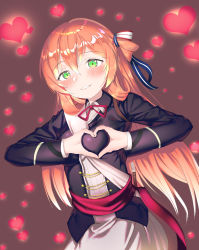 Rule 34 | 1girl, absurdres, bad id, bad pixiv id, blush, brown hair, girls&#039; frontline, green eyes, heart, heart-shaped boob challenge, heart background, heart hands, highres, long hair, looking at viewer, parted lips, ribbon, smile, solo, springfield (girls&#039; frontline), topu