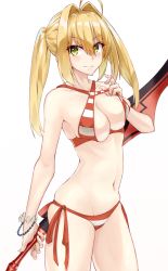 Rule 34 | 1girl, ahoge, bikini, bikini top lift, blonde hair, bracelet, breasts, cleavage, closed mouth, clothes lift, contrapposto, cowboy shot, criss-cross halter, fate/grand order, fate (series), green eyes, hair between eyes, hair intakes, halterneck, jewelry, light smile, long hair, looking at viewer, medium breasts, navel, nero claudius (fate), nero claudius (fate) (all), nero claudius (swimsuit caster) (fate), shunichi, side-tie bikini bottom, simple background, skindentation, solo, standing, striped bikini, striped clothes, swimsuit, sword, weapon, white background