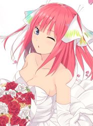 Rule 34 | 1girl, absurdres, blue eyes, bouquet, breasts, cleavage, collarbone, dress, elbow gloves, floating hair, flower, gloves, go-toubun no hanayome, hair ribbon, highres, holding, holding bouquet, kouta(34765766), long hair, medium breasts, nakano nino, one eye closed, open mouth, pink hair, red flower, red rose, ribbon, rose, solo, sparkle, strapless, strapless dress, twintails, wedding dress, white background, white dress, white flower, white gloves, white ribbon, white rose