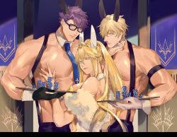 Rule 34 | 1girl, 2boys, artoria pendragon (fate), artoria pendragon (swimsuit ruler) (fate), black gloves, black pants, blue eyes, blue neckwear, boy sandwich, chippendales, fate/grand order, fate (series), gawain (fate), glasses, gloves, green eyes, hand on another&#039;s chest, height difference, highres, lancelot (fate/grand order), leotard, long hair, looking at viewer, male playboy bunny, multiple boys, muscular, nari (kal brot), necktie, nipples, pants, playboy bunny, poker chip, ponytail, purple eyes, sandwiched, topless male, suspenders, tray, white gloves, white leotard