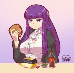 Rule 34 | 1girl, artist logo, artist name, black coat, blunt bangs, breasts, bright pupils, burger, carl&#039;s jr., cheese, coat, dress, drink, eating, english text, fern (sousou no frieren), food, food on clothes, food on face, gradient background, holding, holding food, ketchup, large breasts, long hair, long sleeves, purple eyes, purple hair, sauce, sidelocks, solo, sousou no frieren, tacozama, upper body, white dress, white pupils