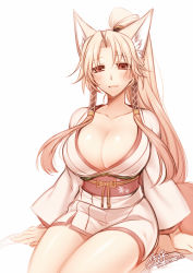 Rule 34 | 1girl, :d, animal ears, blonde hair, blush, breasts, cleavage, dated, fox ears, fox tail, huge breasts, itsuka (konshin), konshin, long hair, long sleeves, looking at viewer, obi, open mouth, original, parted bangs, parted lips, ponytail, red eyes, sash, signature, sitting, smile, solo, tail, very long hair