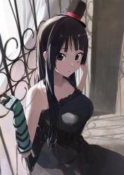 Rule 34 | 1girl, absurdres, akiyama mio, bare shoulders, black dress, black eyes, black hair, black hat, blunt bangs, blush, breasts, commentary, don&#039;t say &quot;lazy&quot;, dress, elbow gloves, fingerless gloves, gloves, hat, highres, hime cut, k-on!, large breasts, logknn, long hair, looking at viewer, mini hat, mini top hat, multicolored clothes, multicolored gloves, shadow, sidelocks, solo, striped clothes, striped gloves, top hat