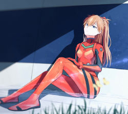 Rule 34 | 1girl, ass, blue eyes, bodysuit, breasts, expressionless, grass, long hair, looking at viewer, neon genesis evangelion, orange hair, plugsuit, red bodysuit, shiny clothes, sitting, skin tight, souryuu asuka langley, twintails, two side up, yakisobaosu