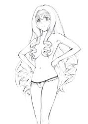 Rule 34 | 1girl, breasts, cecilia alcott, closed mouth, greyscale, hair over breasts, infinite stratos, long hair, looking at viewer, monochrome, navel, panties, simple background, smile, solo, topless, ueyama michirou, underwear, underwear only, very long hair, white background