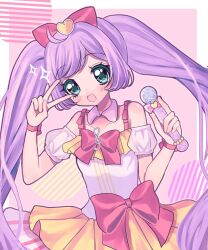 Rule 34 | 1girl, :d, ahoge, blush, border, bow, detached collar, detached sleeves, dress, green eyes, hair bow, hands up, holding, holding microphone, long hair, looking at viewer, manaka laala, microphone, multicolored clothes, multicolored dress, open mouth, pink background, pink bow, pretty series, pripara, puffy detached sleeves, puffy sleeves, purple hair, sleeveless, sleeveless dress, smile, solo, sparkle, treble clef, twintails, v over eye, very long hair, waist bow, white border, white sleeves, yuni (ramm sweet)