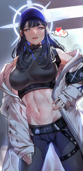 Rule 34 | 1girl, absurdres, bangs, bare shoulders, baseball cap, belt, black belt, black hair, black headwear, black pants, black shirt, blue archive, blue eyes, blush, breasts, chest harness, coat, commentary request, cowboy shot, crop top, groin, halo, hand on hip, harness, hat, heart, highres, holster, joboe, korean commentary, large breasts, long hair, looking at viewer, midriff, navel, no mask, off shoulder, open mouth, pants, partial commentary, saori (blue archive), shirt, sidelocks, sleeveless, sleeveless shirt, snap-fit buckle, solo, spoken heart, standing, sweat, teeth, thigh holster, underbust, upper teeth, white coat