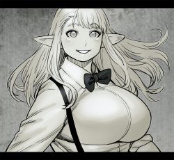 Rule 34 | 1girl, album cover, album cover redraw, bad id, bad pixiv id, bow, bowtie, breasts, cosplay, cover, derivative work, elf, elf-san wa yaserarenai., erufuda-san, floating hair, greyscale, highres, large breasts, long pointy ears, looking at viewer, monochrome, parody, pointy ears, solo, suspenders, sweetest music, synecdoche
