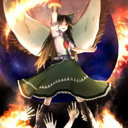 1girl arm_cannon bad_id bad_pixiv_id black_hair bow cape chirigami-san female_focus hair_bow long_hair red_eyes reiuji_utsuho skirt solo third_eye touhou weapon