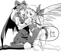 Rule 34 | 2girls, :/, :d, ^ ^, absurdres, ass, back cutout, bat wings, boots, bow, breasts, closed eyes, clothing cutout, commentary request, closed eyes, fang, flandre scarlet, frills, full body, greyscale, hair between eyes, hat, hat bow, head wings, highres, horns, juliet sleeves, koakuma, laevatein (tail), long hair, long sleeves, low wings, mob cap, monochrome, multiple girls, necktie, no panties, no shoes, open mouth, pants, pants under skirt, pointy ears, puffy short sleeves, puffy sleeves, ryuuno stadtfeld, short hair, short sleeves, side ponytail, sidelocks, simple background, sitting, skirt, skirt set, slit pupils, smile, tail, thigh boots, thighhighs, touhou, vest, wariza, white background, wings, wrist cuffs