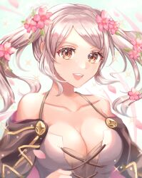 Rule 34 | 1girl, :d, bare shoulders, blush, breasts, brown eyes, cleavage, collarbone, dress, fire emblem, fire emblem awakening, fire emblem heroes, flower, grey hair, hair flower, hair ornament, highres, large breasts, long hair, looking at viewer, nintendo, official alternate costume, open mouth, robin (female) (fire emblem), robin (female) (valentine) (fire emblem), robin (fire emblem), sleeveless, smile, solo, twintails, upper body, youhei choregi