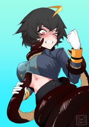 Rule 34 | 1girl, ahoge, black hair, blush, breasts, clenched teeth, clothes lift, gloves, highres, non-web source, original, red eyes, rumi (rumigawa31), shirt lift, short hair, source request, struggling, suction cups, teeth, tentacle grab, tentacles, tentacles under clothes, underboob, white gloves