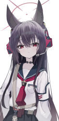 Rule 34 | 1girl, animal ear fluff, animal ears, armband, black hair, black sailor collar, black skirt, blue archive, brown halo, closed mouth, commentary, expressionless, fox ears, halo, headset, highres, inaba reito, long hair, long sleeves, looking at viewer, neckerchief, puffy long sleeves, puffy sleeves, red eyes, red neckerchief, sailor collar, shirt, shirt tucked in, shoulder strap, simple background, skirt, solo, symbol-only commentary, throat microphone, upper body, white armband, white background, white shirt, yukino (blue archive)