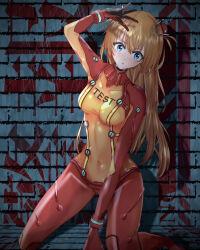 Rule 34 | 1girl, artist request, blue eyes, blush, bodysuit, breasts, brown hair, cowboy shot, evangelion: 2.0 you can (not) advance, hair between eyes, highres, impossible bodysuit, impossible clothes, interface headset, kneeling, long hair, looking at viewer, medium breasts, neon genesis evangelion, open mouth, plugsuit, rebuild of evangelion, red bodysuit, see-through, see-through bodysuit, shiny clothes, simple background, skin tight, small breasts, solo, souryuu asuka langley, test plugsuit, two side up, very long hair, wall